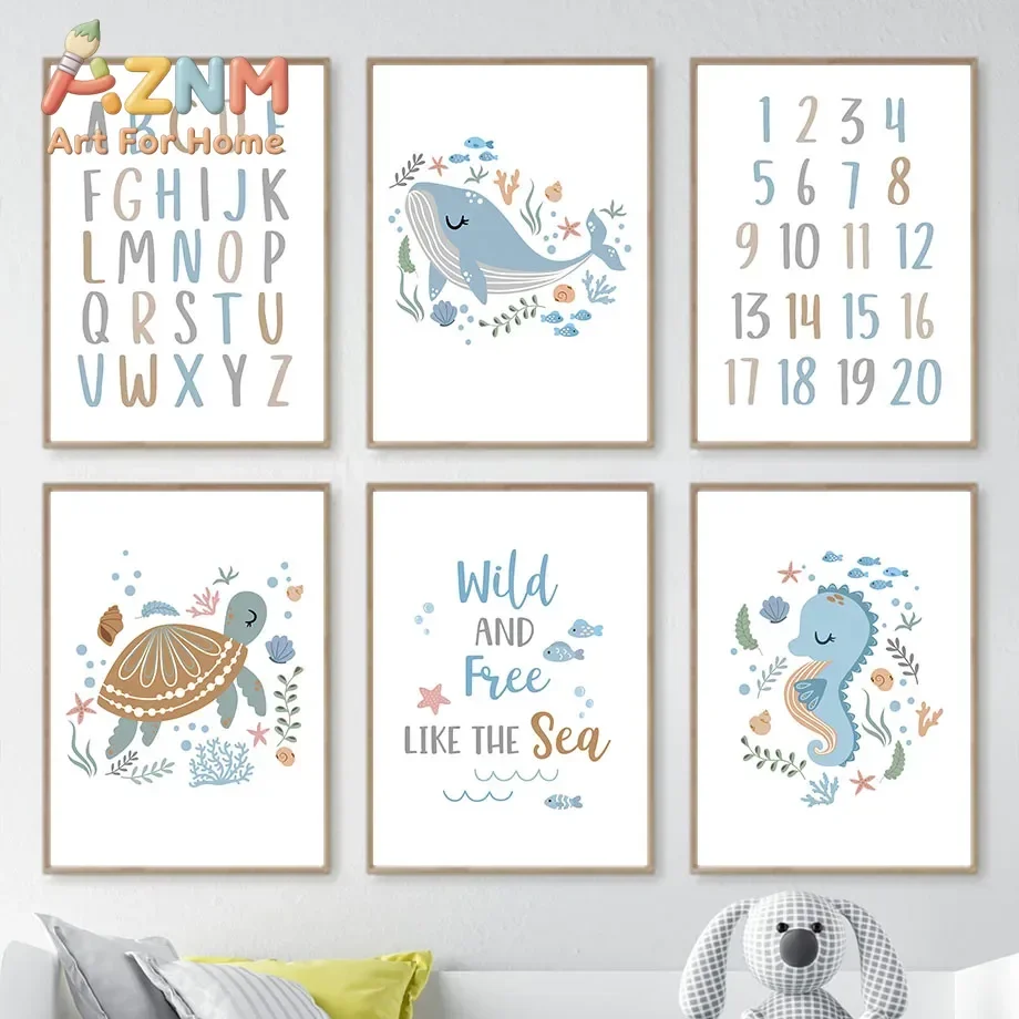 Ocean Animals Sea Turtle Whale Number Alphabet Nursery Wall Art Print Canvas Painting Poster Pictures Baby Kids Room Home Decor