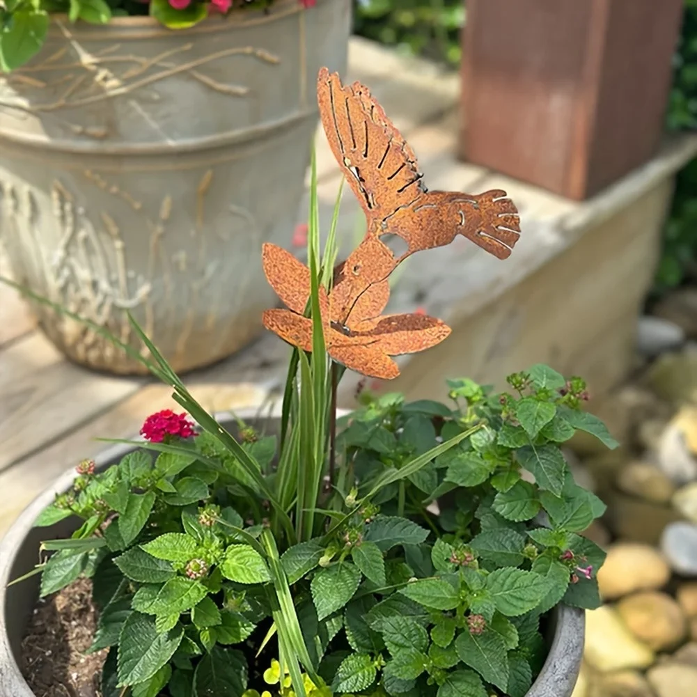 Creative Iron Hummingbird Flower Garden Stake, Rustic Outdoor Yard Art Decoration For Patio Lawn Landscaping