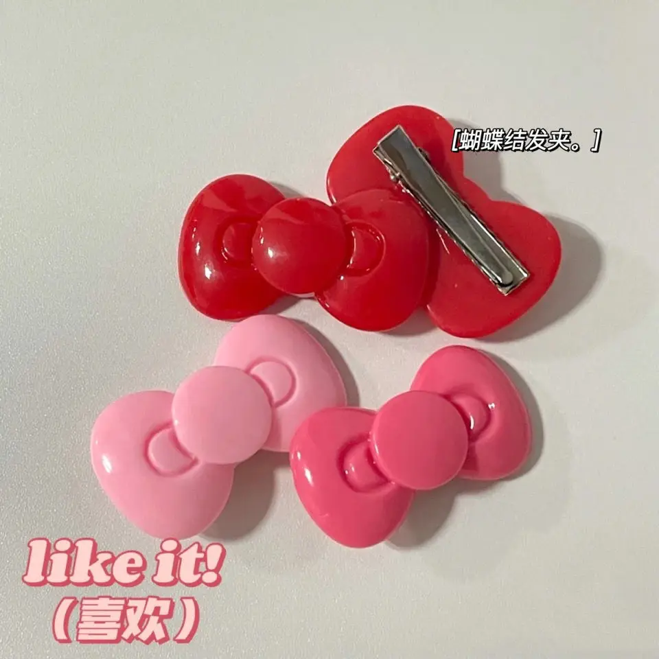 

Cute Sanrio Hello Kitty Bow Frosted Hairpin Korean Ins Style Rose Pink Red Bangs Side Clip Female Ornament Accessory Girl Gift