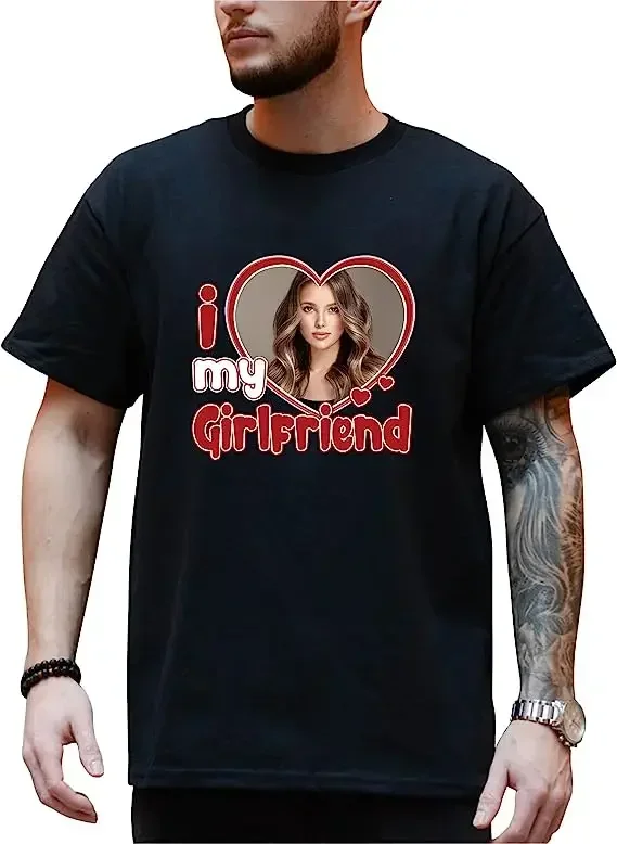 Custom  Love My Girlfriend Boyfriend Tees Anniversary Bithday Valentines Gift Couples Tops Personalized Customize Photo T-Shirt