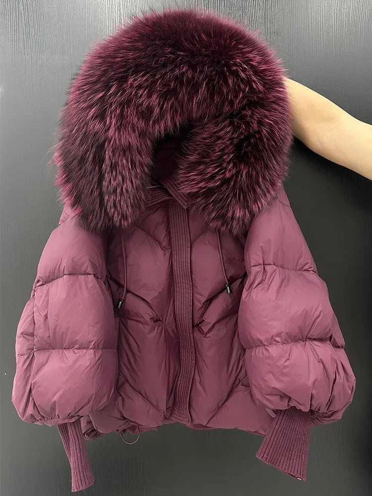 NONE Weiße Ente Daunenmantel Frauen Echtpelz Jacke Mit Kapuze Puffer Jacke Verdicken Warme Gestrickte Ärmel Mittlere Lange Parka Neue Winter Große 3