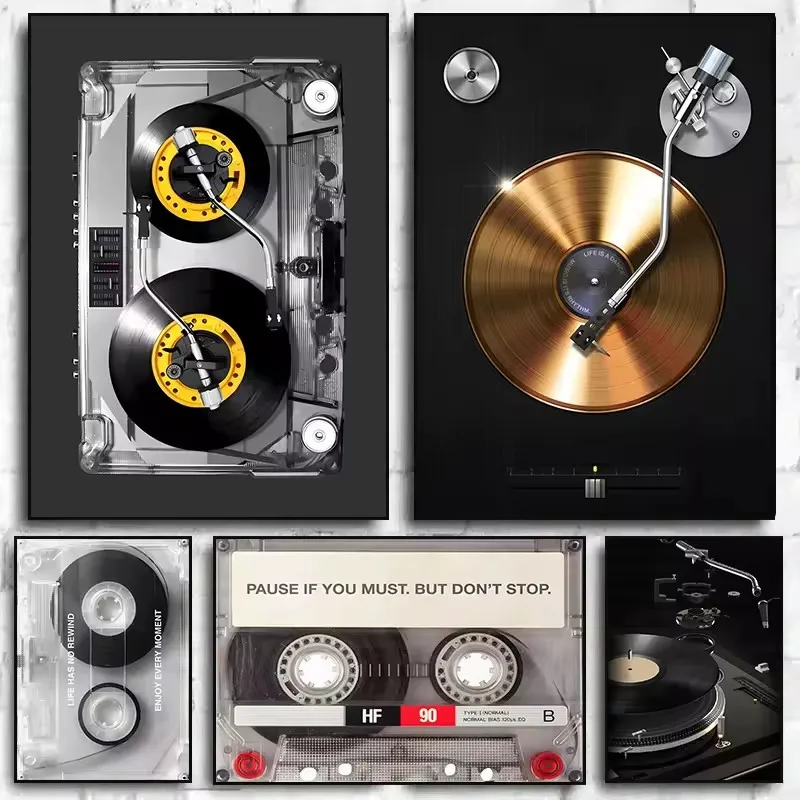 Póster de Cassette Vintage, tocadiscos de DJ, impresiones en lienzo, pintura de vinilo dorado, tocadiscos de DJ, imágenes artísticas