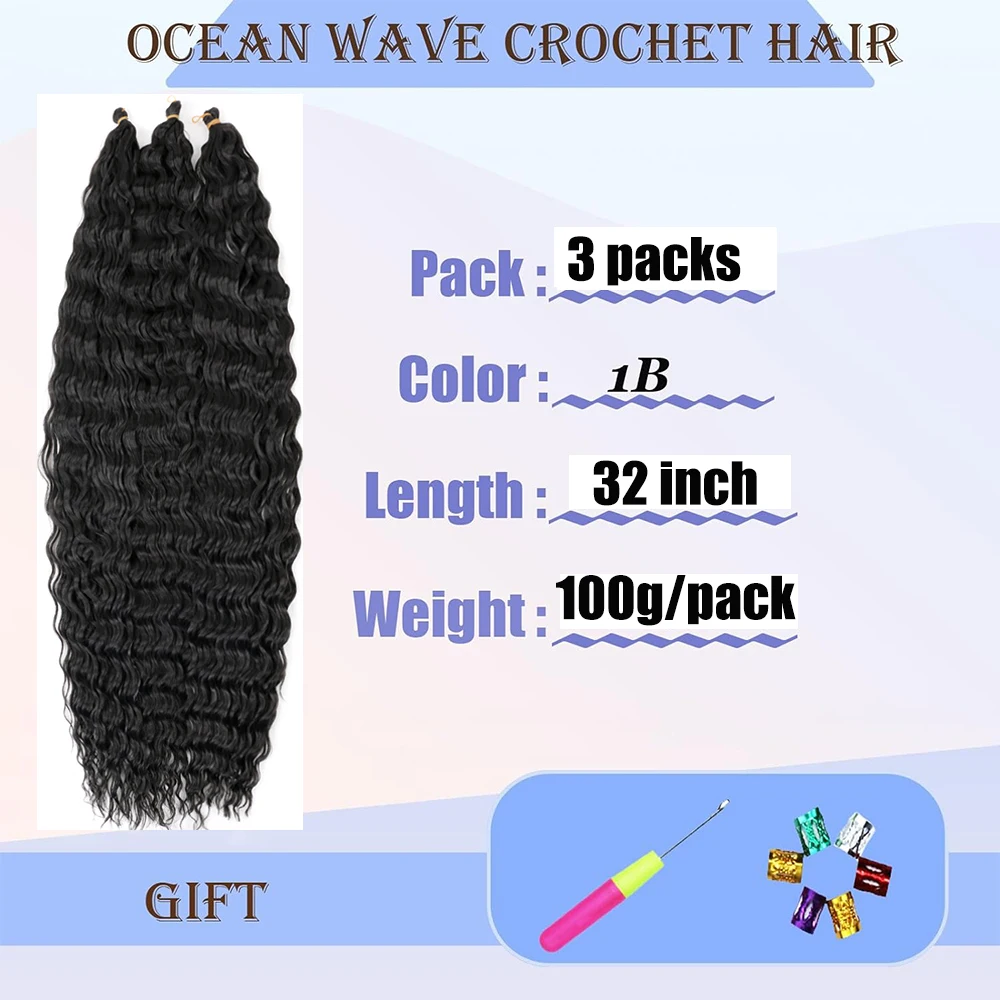 3 Packs Ocean Wave Crochet Hair 32 Inch Long Deep Wave Braiding Hair Synthetic Curly Crochet Hair Extensions For Black Women