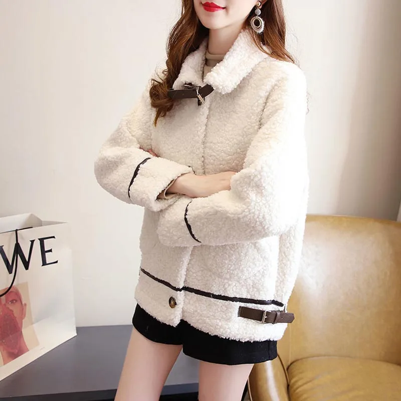Lamb Wool Coat Women\'s Long-sleeved Korean Version Loose Autumn And Winter All-match Thick Fur One Plush Solid Color Warm Top