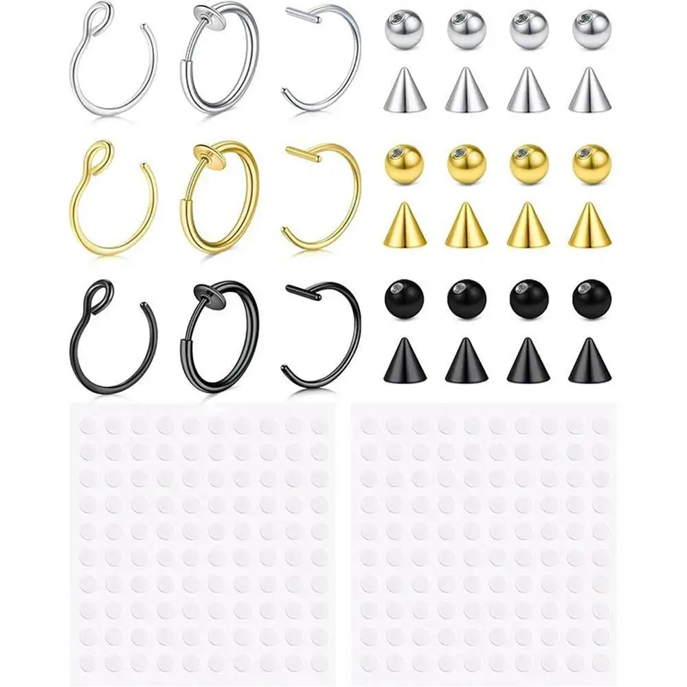 Fake Piercings Lip Ring Replacement Balls Spike With 100pcs Sticker Nose Hoop Eyebrow Piercing Clip Ring Unisex Body Jewelry