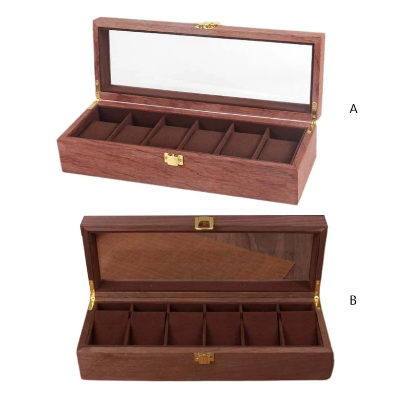 6 Slots Wooden Watch Box Jewelry Bracelet Storage with Transparent Lid