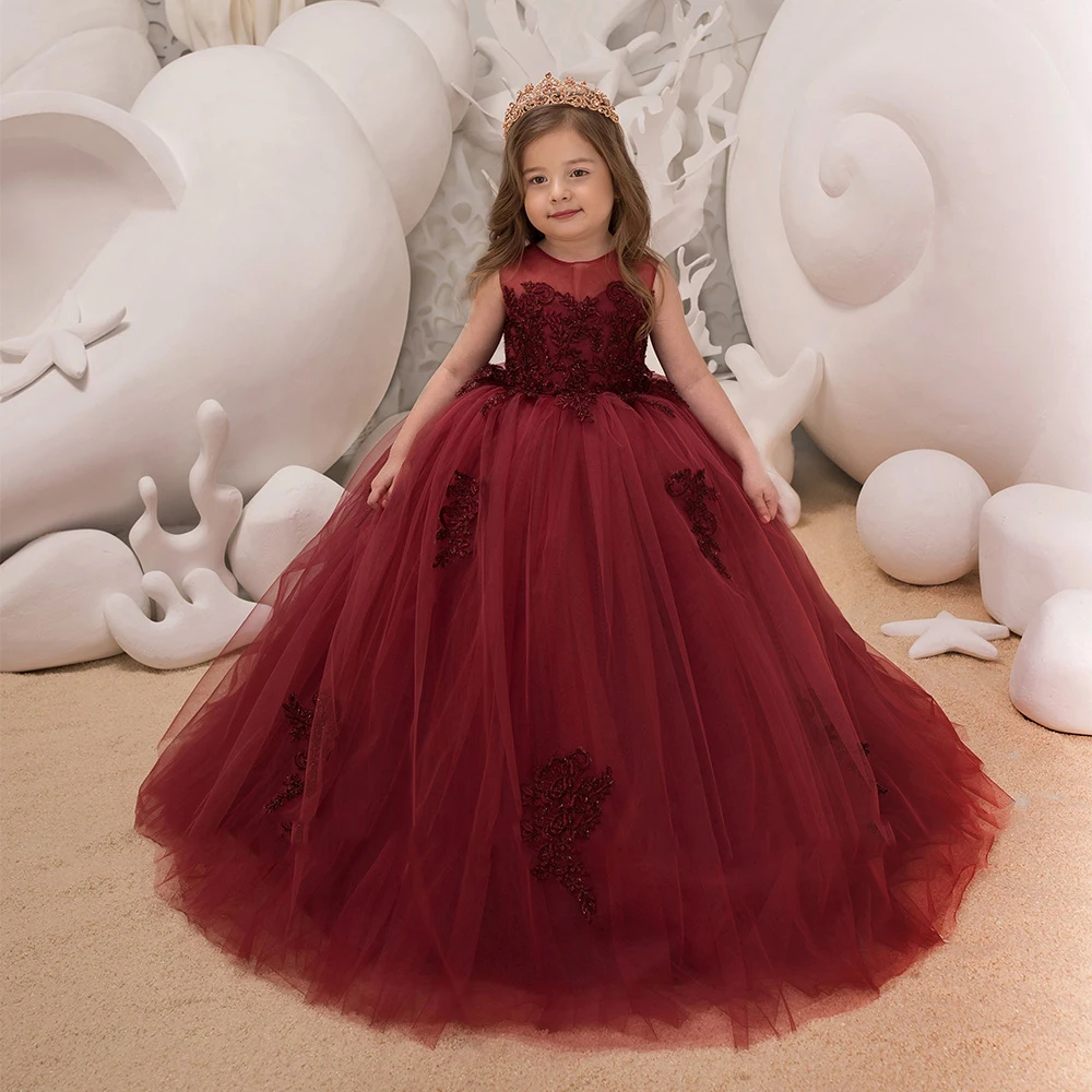 

Ball Gown Flower Girl Dress O Neck Sleeveless Applique Princess Birthday Party Gown Customized First Communion Dresses