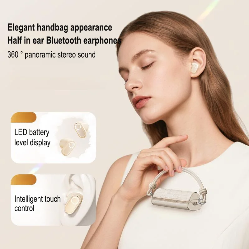 

New Handbag Bluetooth Earphones Panoramic Stereo Noise Reduction LED Battery Level Display Touch Control Girls Wireless Earbuds
