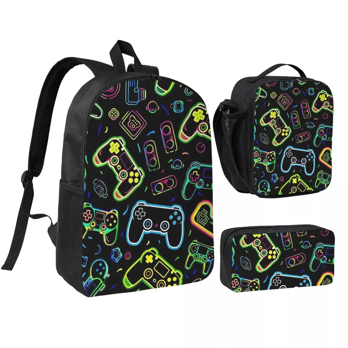 Retro Game Controllers Pattern Backpack Boys Girls BookBag School Bag Shoulder Bags 3ps Insulated Lunch Bag Pencil Case