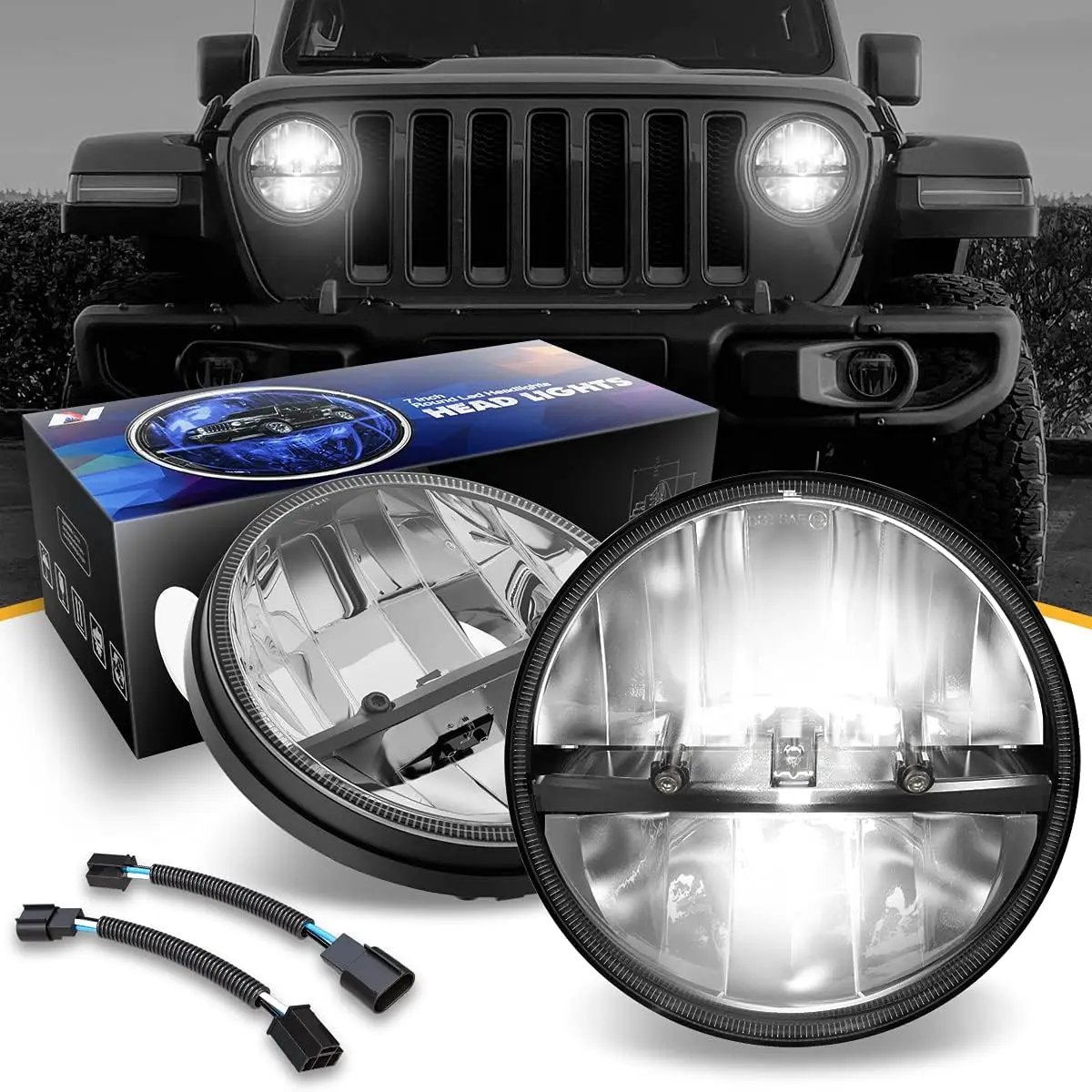 

7 Inch LED Headlight High Low Beam for Jeep Wrangler 1997-2018, DOT Approved, Chrome Finish