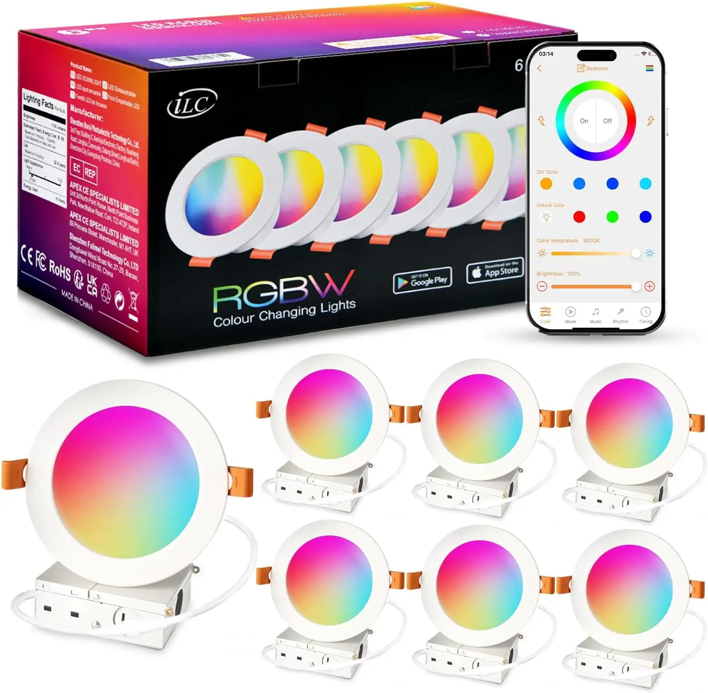 

4 Inch LED Recessed Downlights, Alexa & App Controlled, RGB Color Changing, 2700K-6000K, 10W (100W Equivalent), Bluetooth