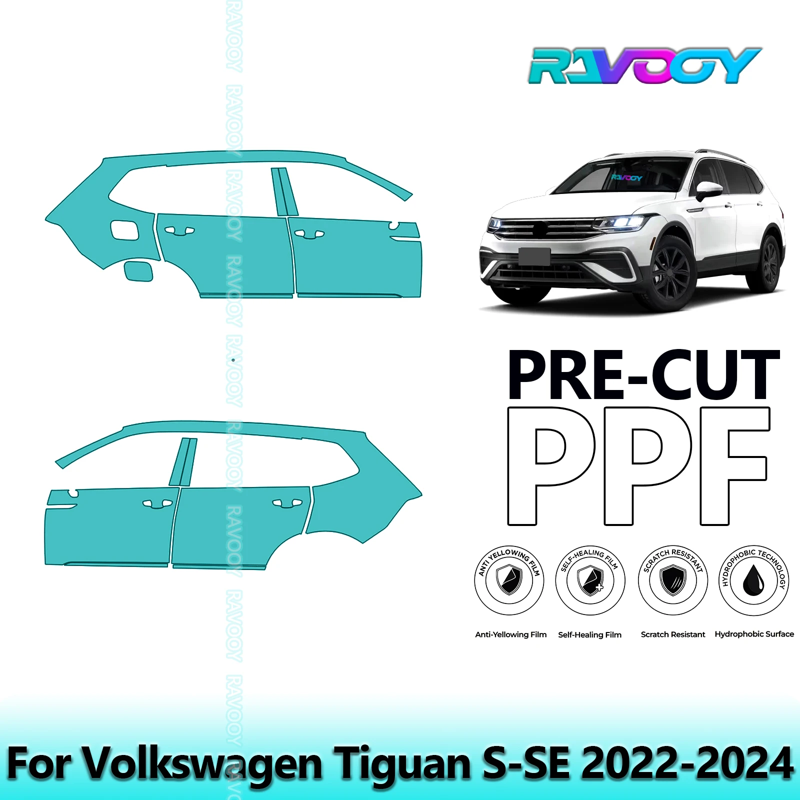 For Volkswagen Tiguan S-SE 2022-2024 8.5mil Clear Matte Pre-Cut PPF Door & A/B Pillar Kit TPU Paint Protection Film Set