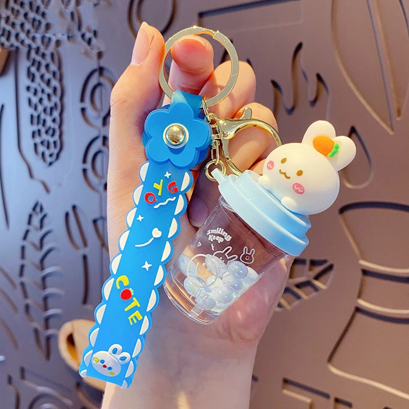 Cartoon Carrot Rabbit Teacup Into Oil Pendant Liquid Keychain Cute Quicksand Bottle Floating Pearl Bunny Key Chain Bag Hanging