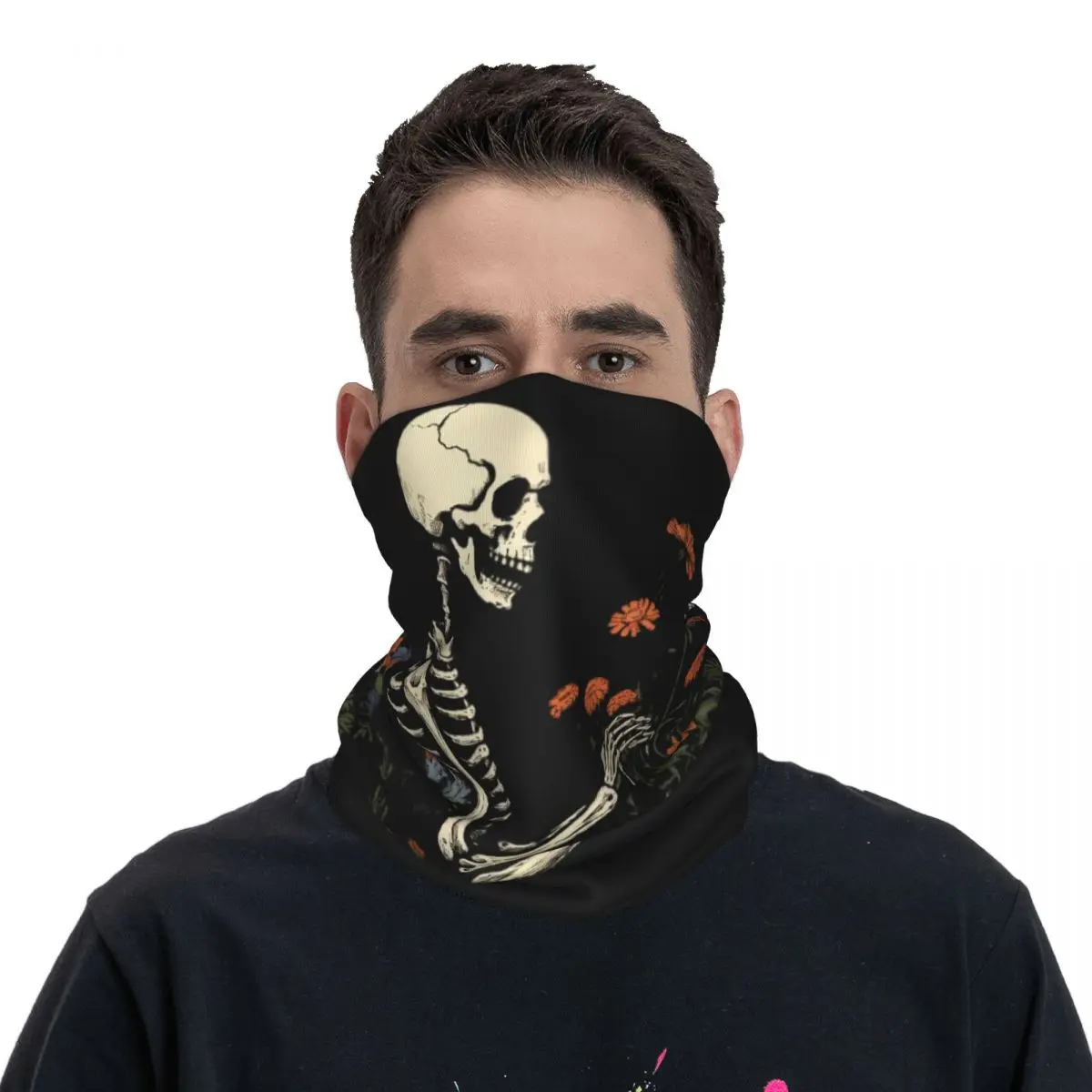 Men Vintage Skeleton Flowers Bandana Merch Neck Gaiter Printed Halloween Gift Multi-use Face Mask For Outdoor Sports All Season