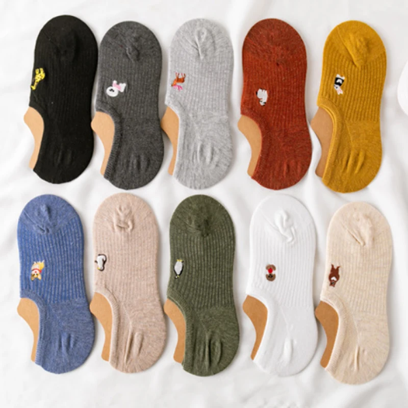 5 Pairs Women's Socks Set Japanese Embroidery Kawaii Harajuku Ankle Socks For Girl Cartoon Anti Slip Comfortable Cotton Socks