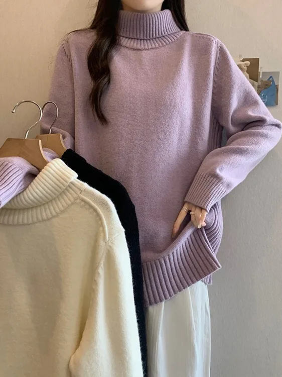 

Мягкий уютный вязаный свитер большого размера с высоким воротником, свободного кроя, женский, осенне-зимний, новый, повседневный, универсальный вязаный топ