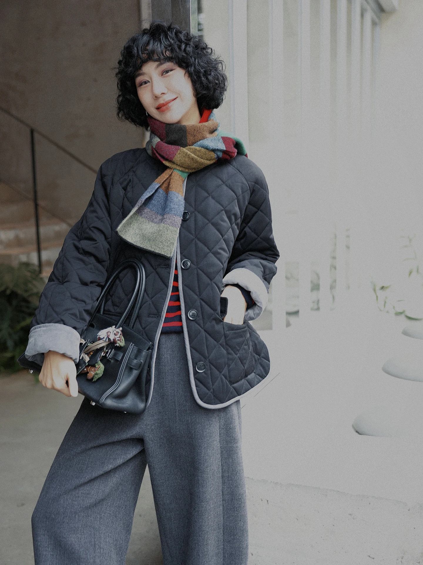 

Теплое хлопковое пальто с модным ромбовидным узором, отложным воротником, в стиле Old Money, новинка зимы, женское.