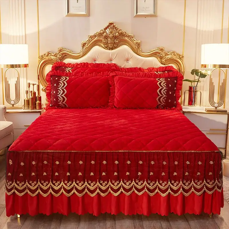 Luxury Super Soft Thick Flannel Quilted Bedspread Winter Quick Warm Velvet Bed Skirt Anti-slip Bed Cover Not Included Pillowcase