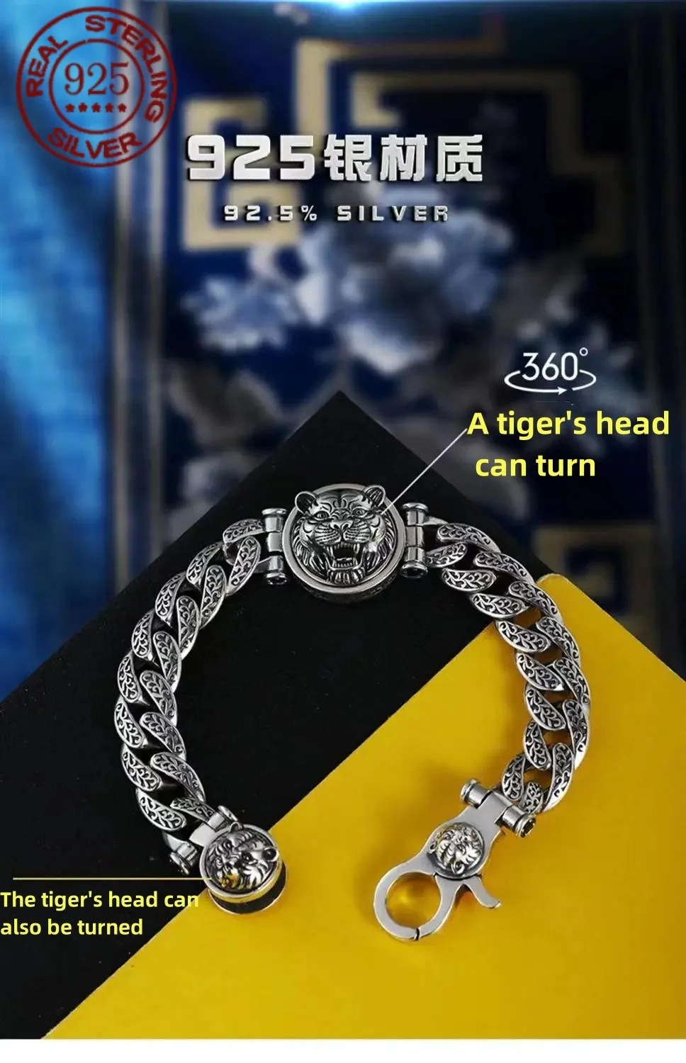 Great Sale 925 sterling silver Retro Personality Tang Grass Turning Transfer Tiger Bracelet Male Trendy Men  Fashion  Jewelry