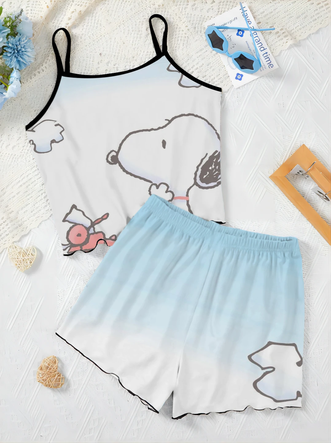 Short Sets for Women 2 Pieces Pajama Skirt T-shirt Home Dress Lettuce Trim Top Snoopy Women's Suit Elegant Summer Clothes 2024