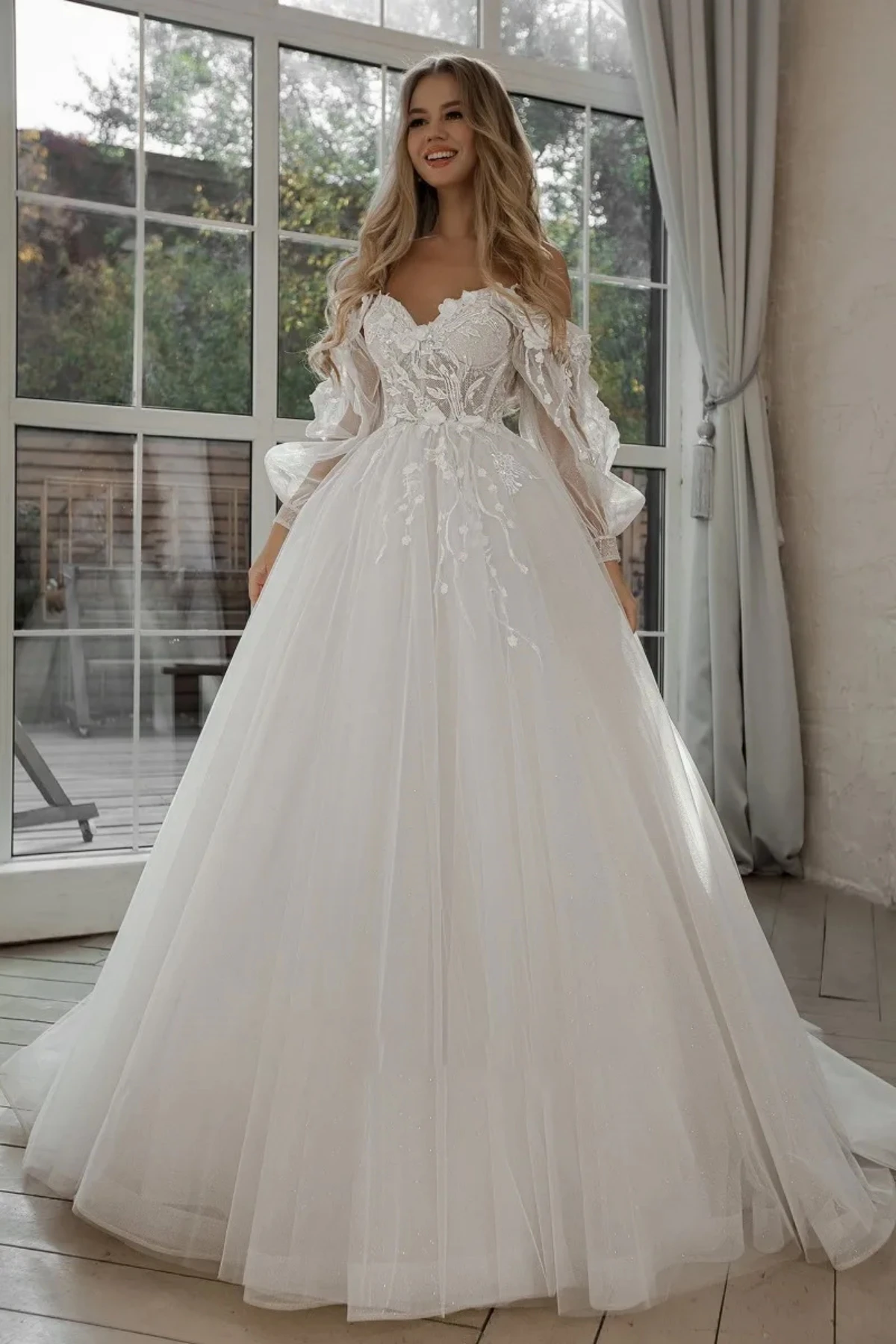 Haohao 2024 gaun pernikahan Puff lengan applique renda 3D bunga bahu terbuka Tulle Boho gaun pengantin vestidos de novia