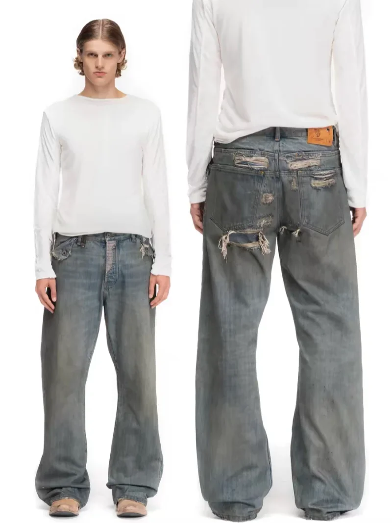 NFS 25fw limited red ear edge tannin jeans washed and old personality destruction white strap original cow pants