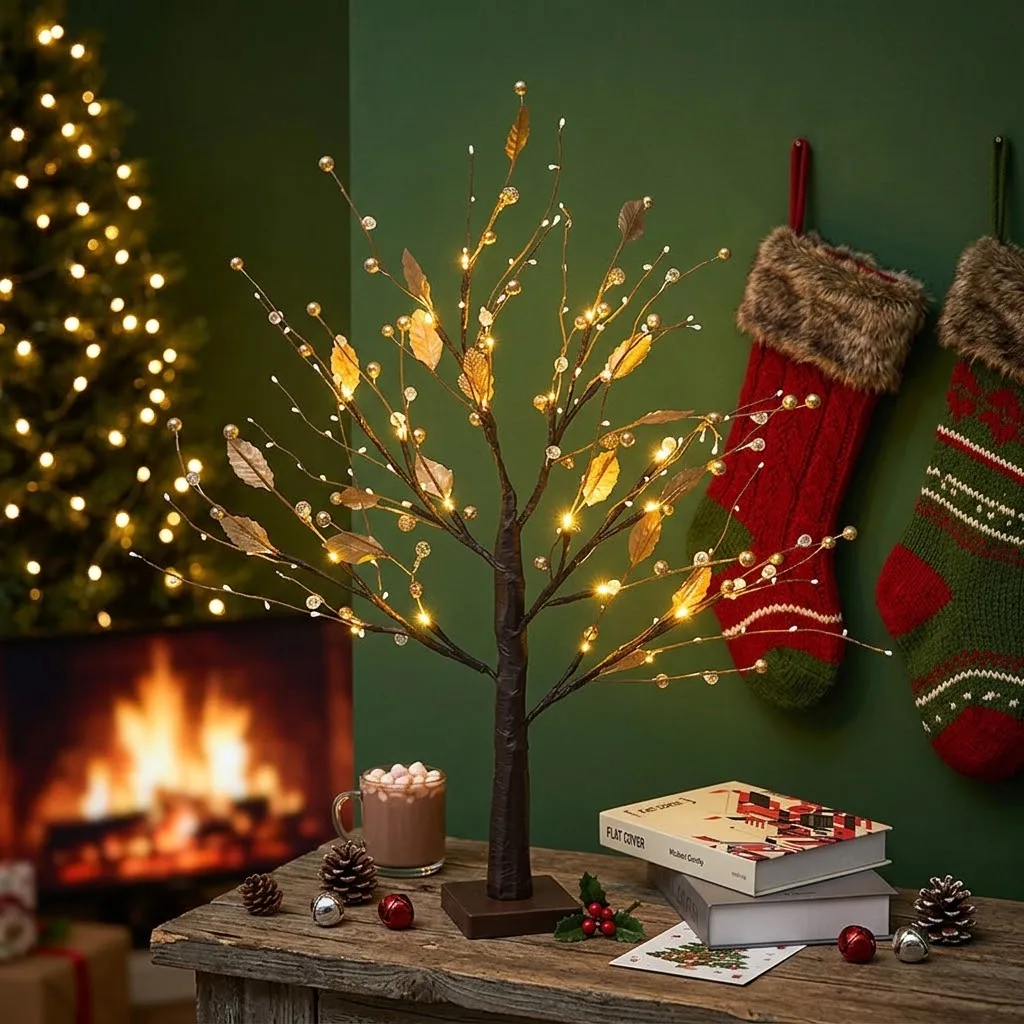 55cm LED Christmas Berry Golden Leaf Tree Lamp Warm Fairy Light DIY Flexible Branch Tabletop Holiday Decorative Light Home Gift