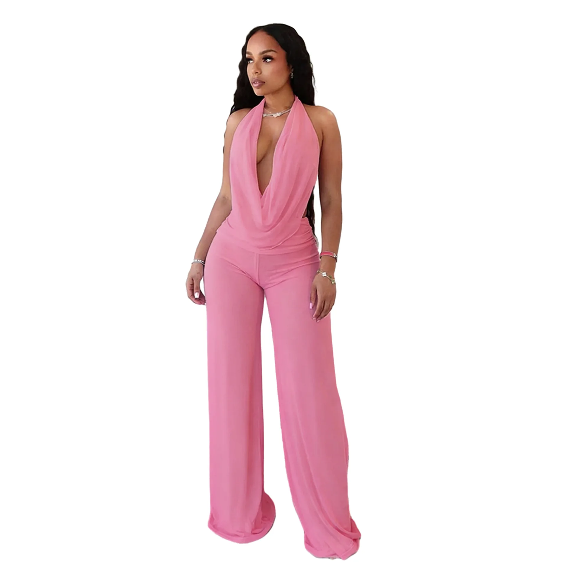 9 Colors Sexy Mesh Halter Neck Two-Piece Outfit - Elastic Draped Top & High Waist Wide Leg Pants Set, Women Elegant Clubwear