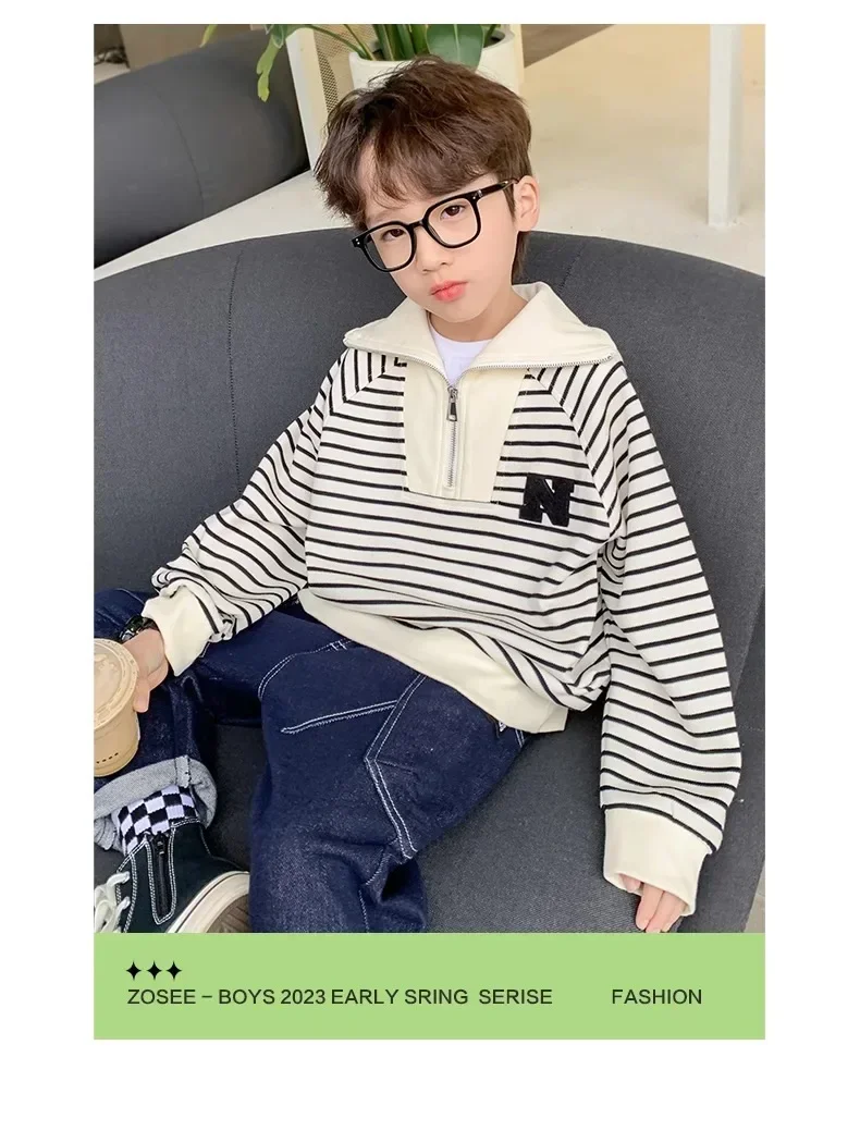 Korean Spring Autumn Children Boy Knitted Tops Junior Boy Striped Half Zip Sweater Pullover School Boy Warm Knitwears 4-12Yrs