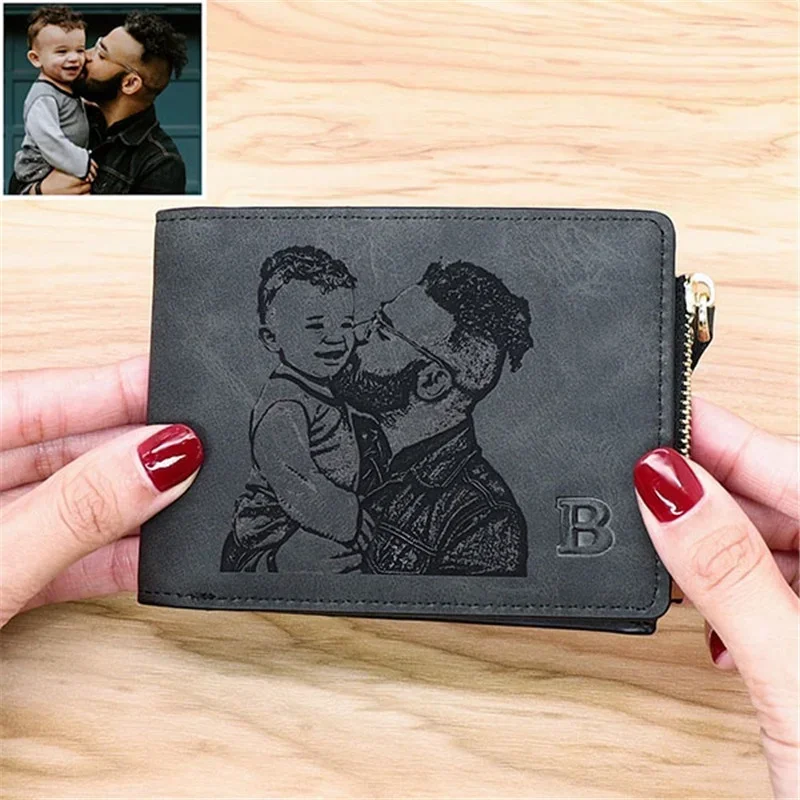 

2025 Coin Personalized Custom Photo Text Wallet Engraved Picture & Name Men Wallets with Zipper Pocket Birthday Gift for Him Dad