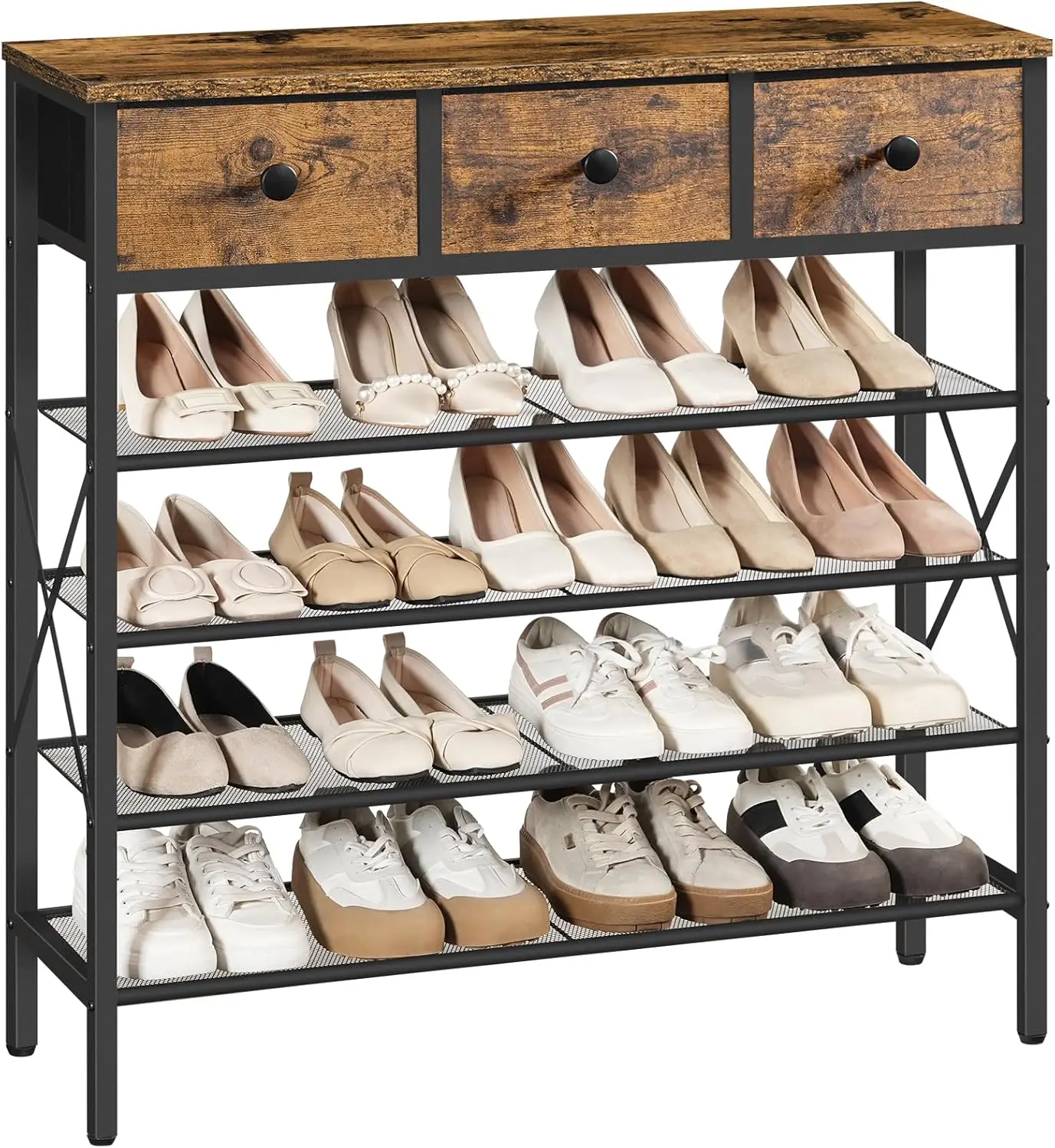 

5-Tier Metal Shoe Rack with 3 Drawers and Wooden Top, Organizes 20 Pairs for Entryway, Hallway, Closet