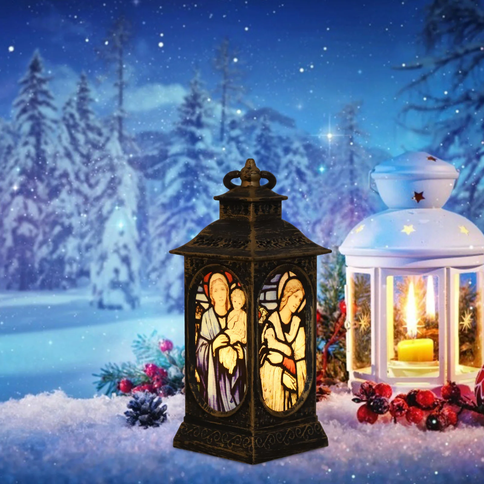 Small Oil Lamp Ornament Musical Snow Globe Christmas Gift Church Decor Electrical Components Night Light LED Decorative Storm