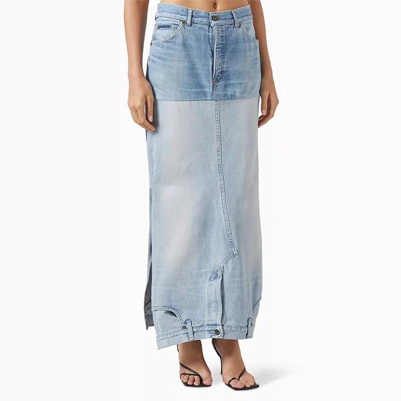 BPN Hit Color Casual Slimming Denim Skirts For Women High Waist Spliced Button Minimalist Side Split Skirt Female Fashion Style