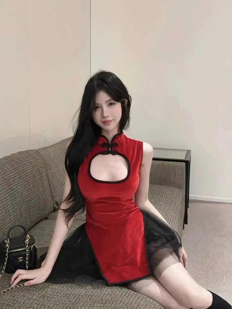 Design Sense Low Cut Red Christmas Sexy Slit Top+multi-layer Mesh Fluffy Short Two-piece Set For Women Dress Elegant HEH3