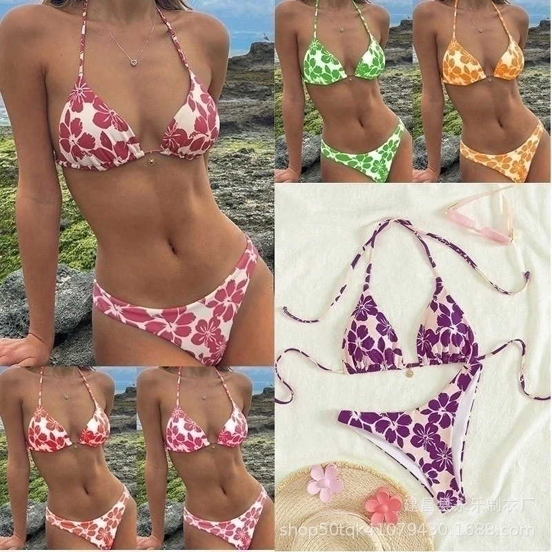 

Floral Print Bathing Suit Women Bikini Set Sexy Halter Triangle Bandage Micro Bikini Summer 2025 New Casual Holiday Beachwear