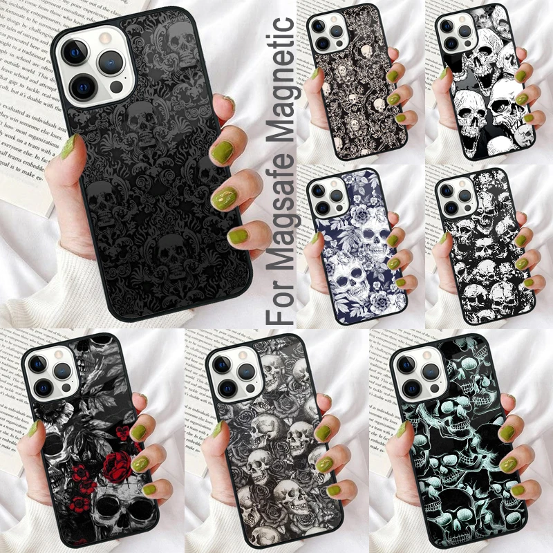 Cool Skull Gothic Magnetic Soft Phone Case for iPhone 16 Promax 15 Pro 13 14 Plus 11 12 Mini MagSafe Coque