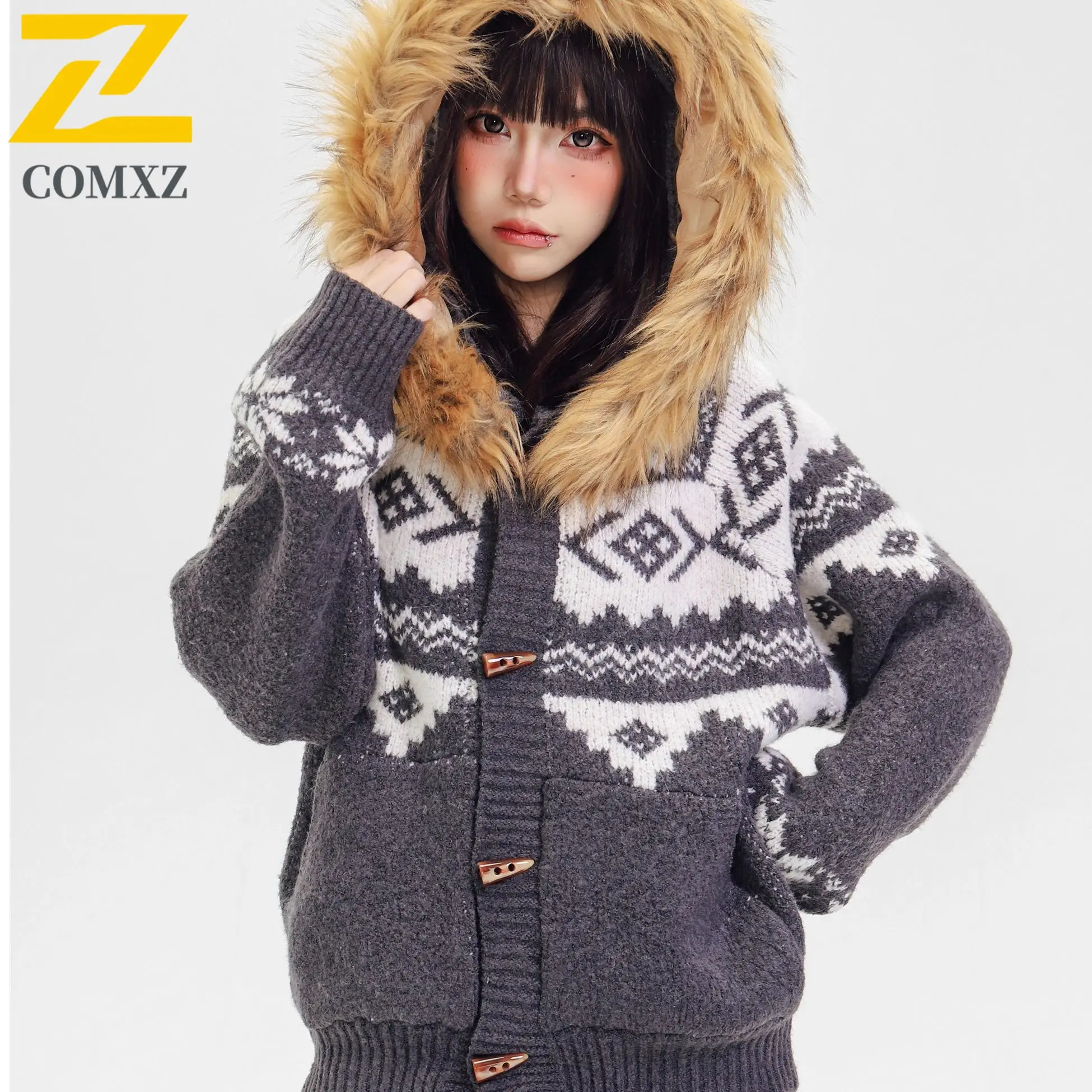 

Mens Womens Hooded Sweater Knit Cardigan Autumn Winter Warm Soft Comfortable Casual Loose Fit Long Sleeve Pullover Cozy Outwear