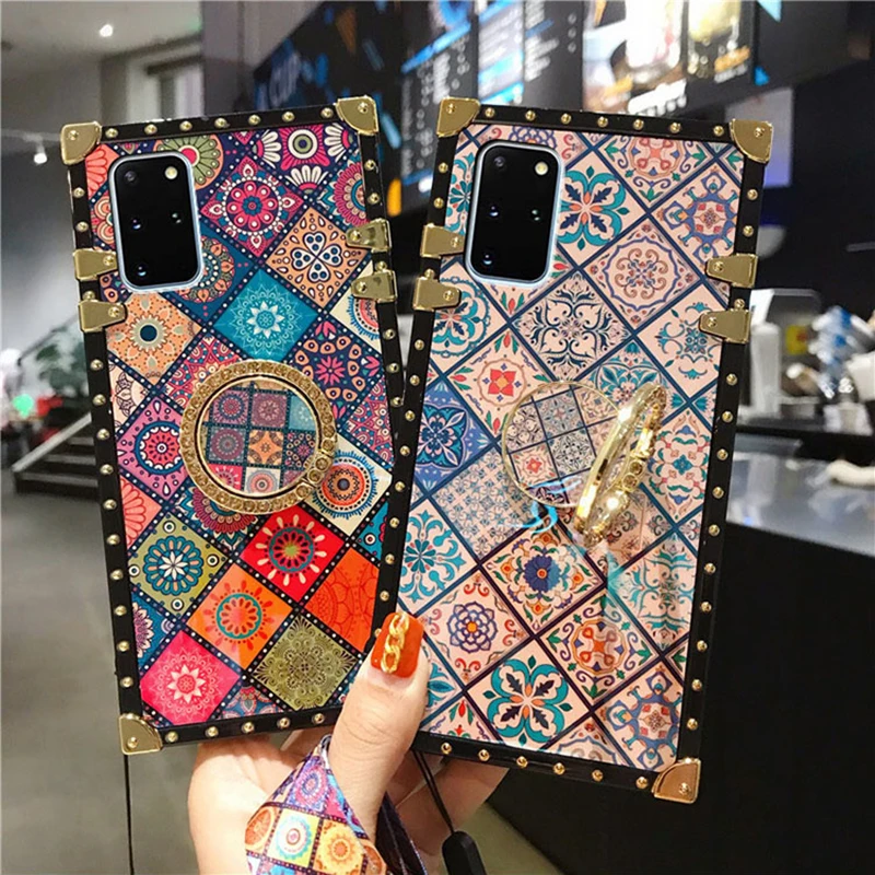 Square Rivet Ring Bracket Phone Cases For Samsung S23 S22 S21 FE Note 20 10  A51 A32 A71 Multicolor Plaid Palace Flower Cover