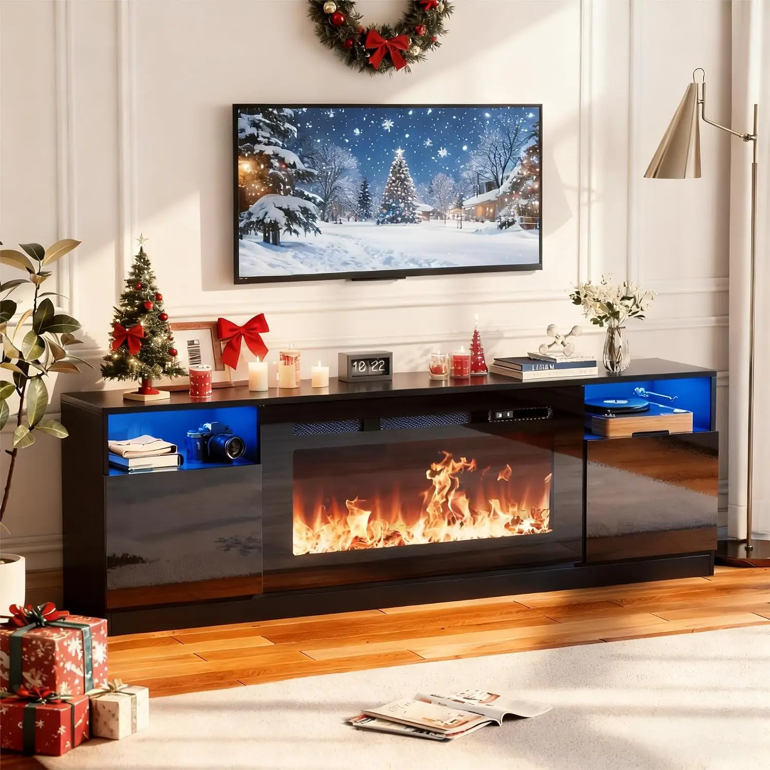 70'' Fireplace TV Stand 36'' Fireplace Entertainment Center Console Storage Heater 12 Frame LED Colors, Customized