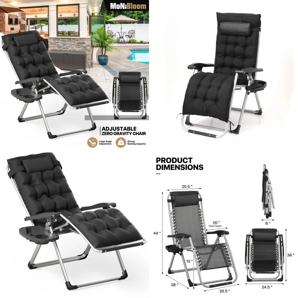 Beach ChairsFoldable Zero Gravity Recliner Chair with Detachable Cushion for Outdoor Lounge