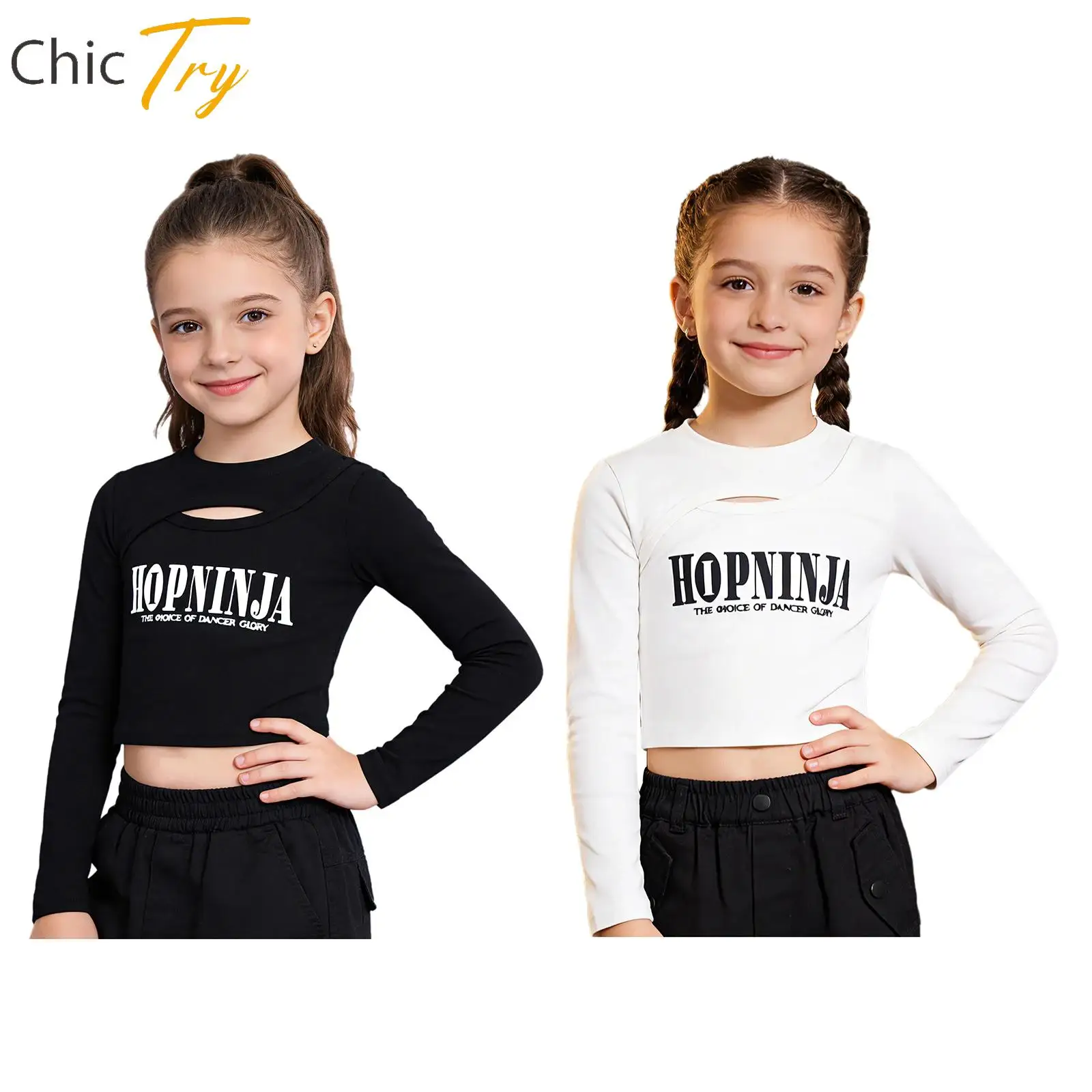 

Kids Girls Hip Hop Jazz Street Dance Performance Costumes Long Sleeves Keyhole Front Crop Top for Skateboarding Workout Running