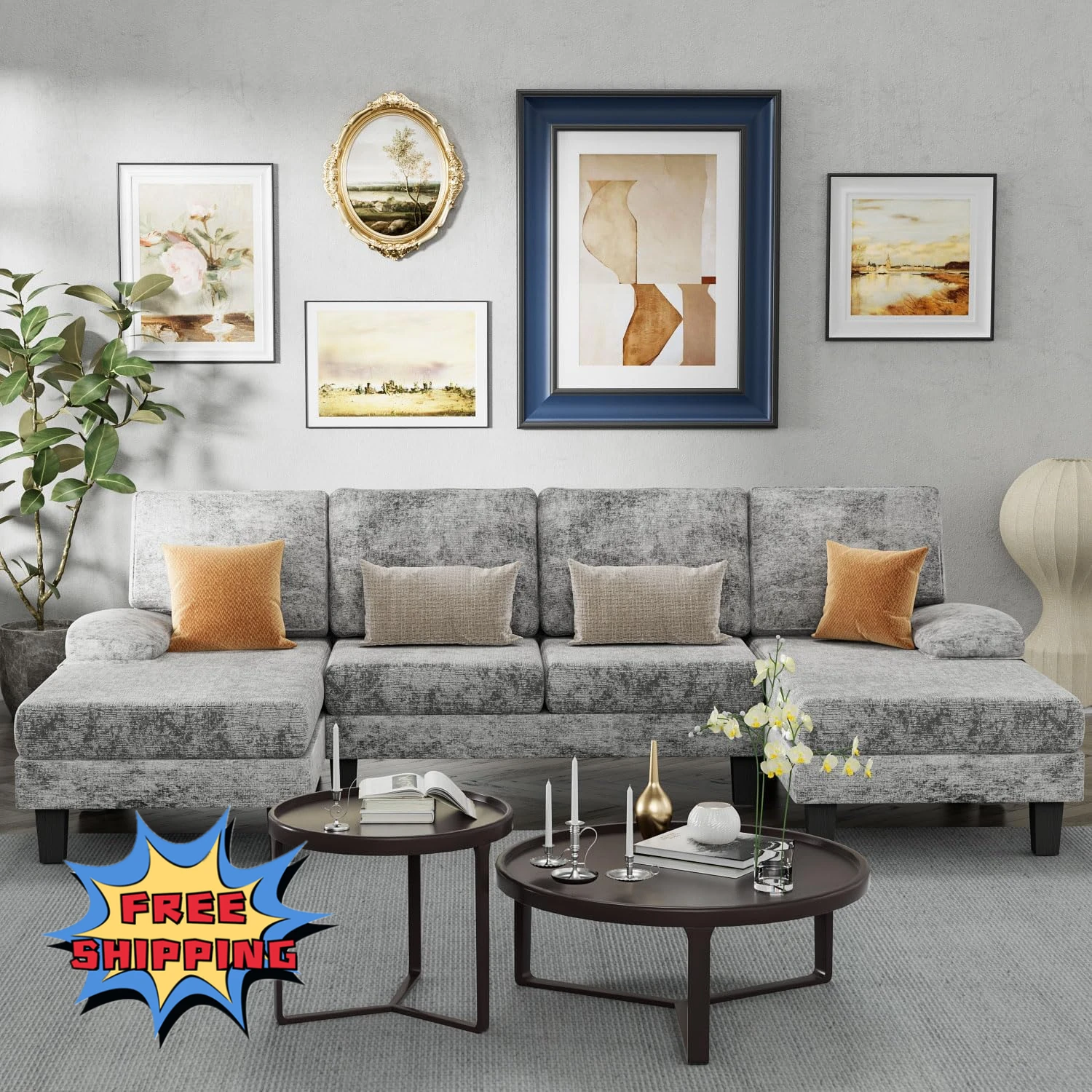 Sofá seccional Conjuntos de sala de estar Sofá en forma de U de tela de chenilla con tumbonas dobles, Muebles Muebles de salón Gris oscuro