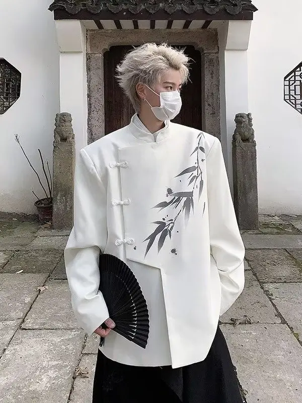 

New Chinese Sle Unique White Suit Jaet for Men And Women with Ink And Bamboo Button Casual Western Sle Cotton Blend Fabric