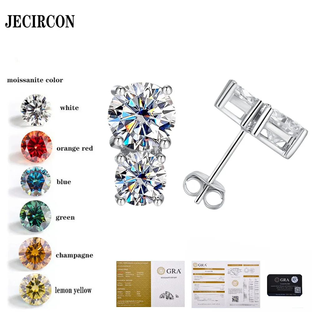 

JECIRCON 925 Sterling Silver Moissanite Earrings for Women Double Stone Classic 4 Claw Stud Simple Full Moissanite Party Jewelry