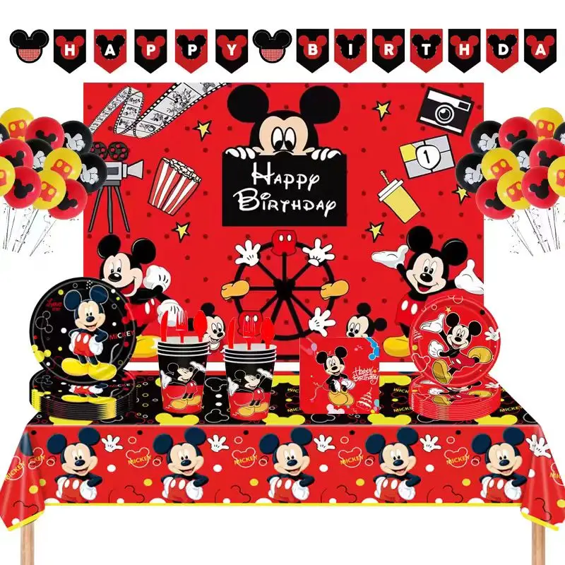 Red Mickey Mouse Party Decoration Birthday Supplies Disney Mickey Theme Tableware Set Happy Backdrop Balloons Deco For Kids Boy