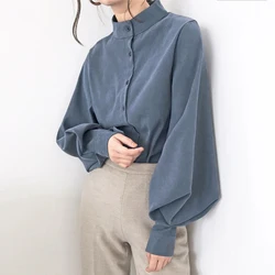 Big Lantern Sleeve Blouse Women Spring Autumn  Single Breasted Stand Collar Shirts Office Work Blouse Solid Vintage Blouse Shirt