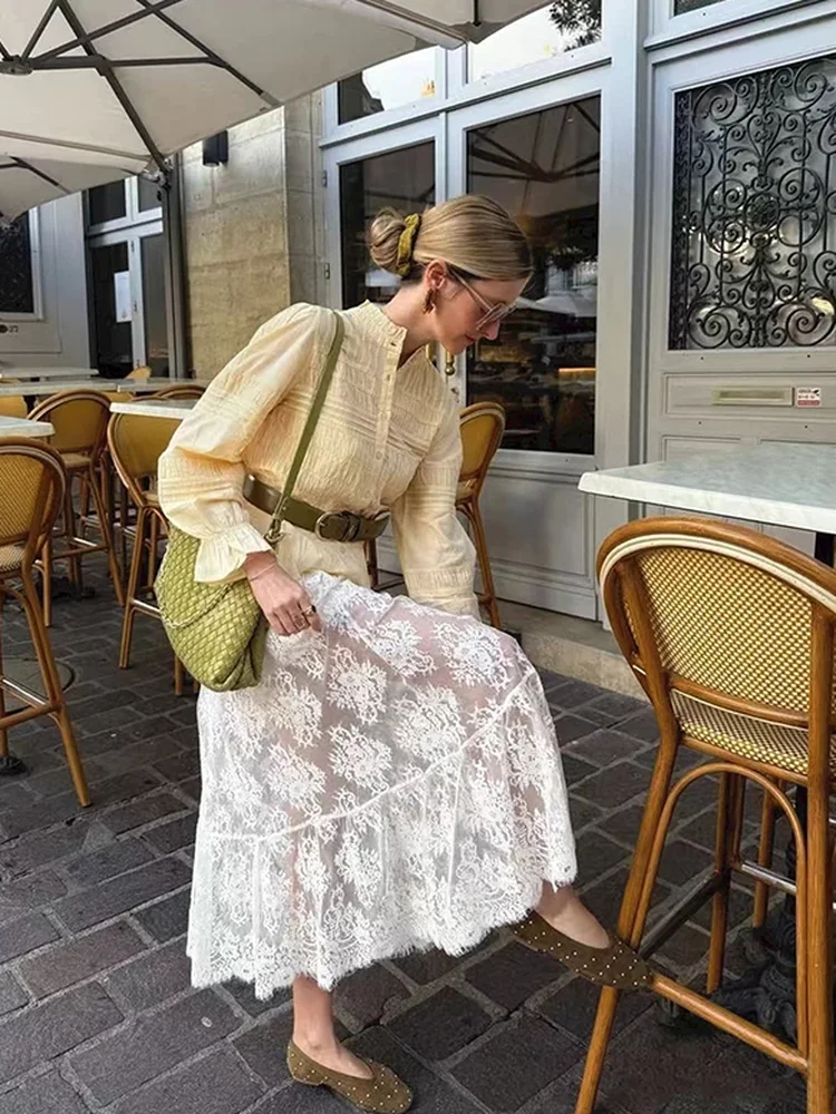 Summer Lightweight Bubble Sleeve Shirt Skirt Set Macaron Heavy Embossing Gossamer Collar Elegant Fashion Women's Outfit