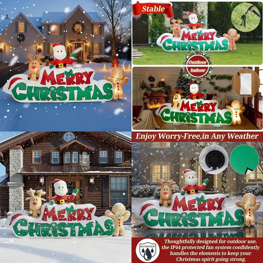 Christmas Inflatable Santa Reindeer Gingerbread Man Sign, LED Lit Outdoor Yard Garden Lawn Winter Decor