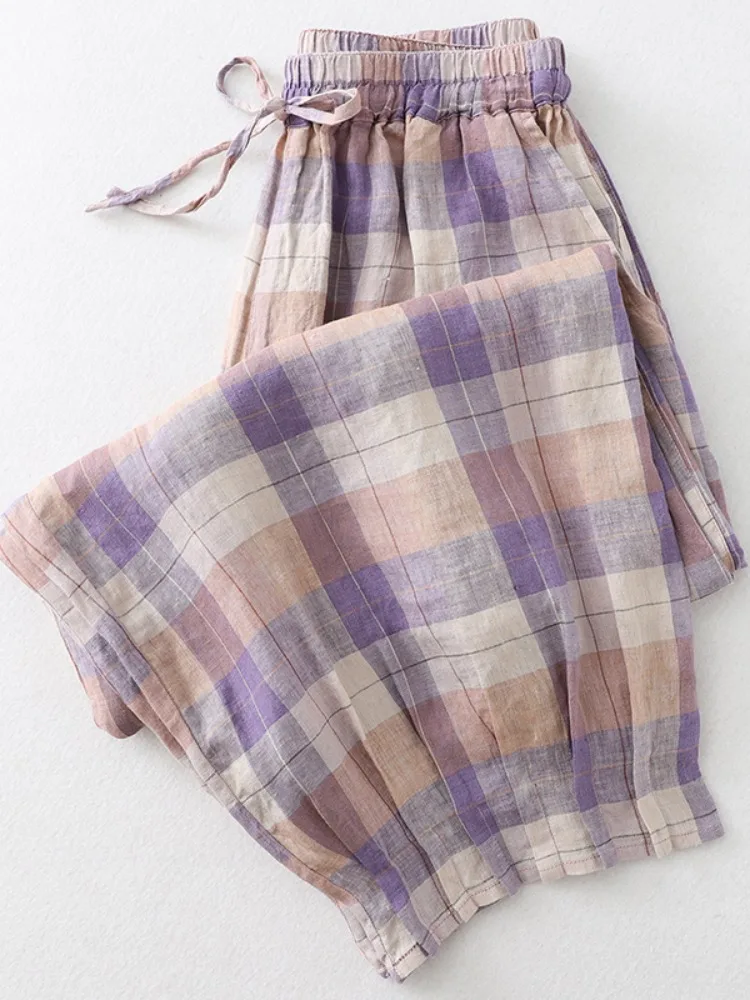 Japanese Style Woven Check Cotton Linen Lantern Pants Women Summer Small Size Linen Nine Points Casual Thin Harlan Pants