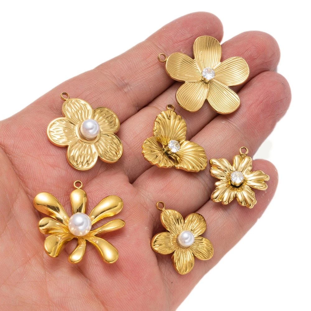 5pcs Gold Stainless Steel Flower Charms Metal Pearl Pendant for DIY Necklace Bracelet Jewelry Making and Crafting Wholesale Bulk